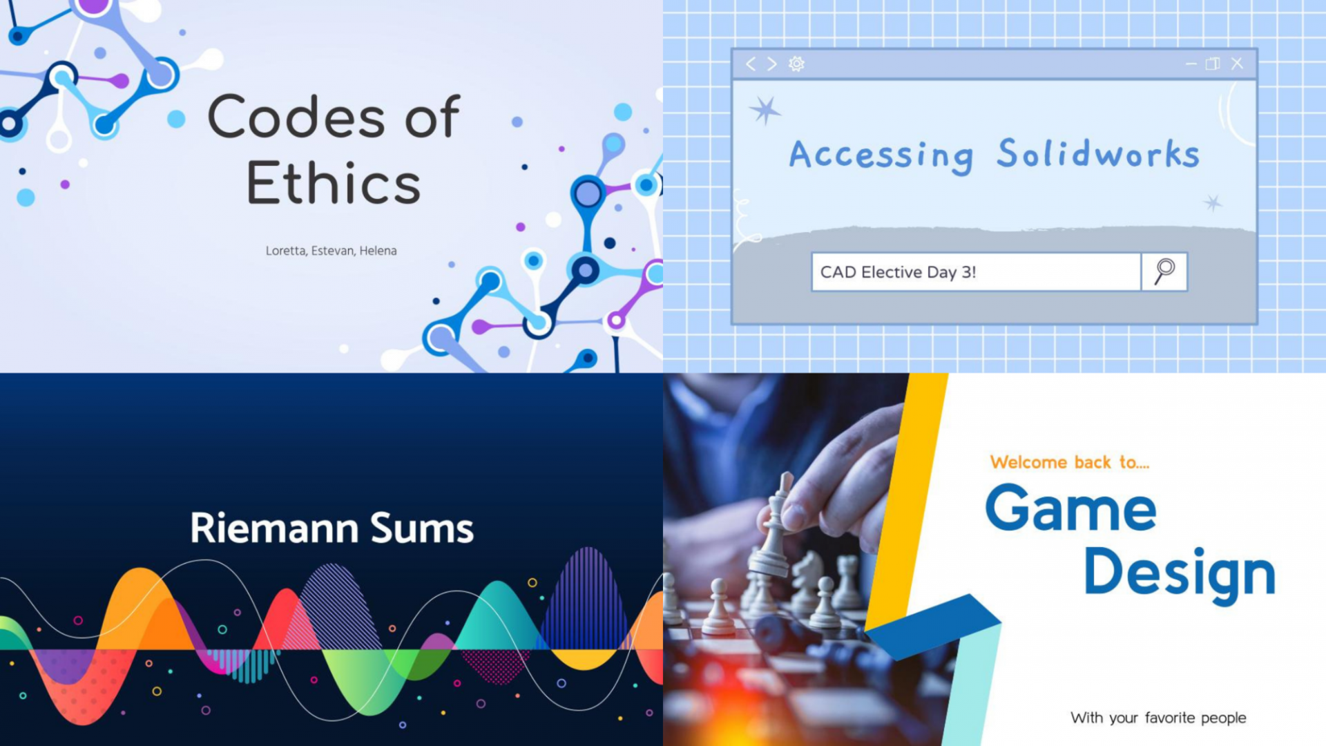 Covers from SHAPE elective courses. Top row: Codes of Ethics from Ethics in Engineering, Accessing Solidworks from Computer-Aided DesignBottom row: Reimann Sums from Multivariate Calculus, Welcome Back to Game Design from Game Design